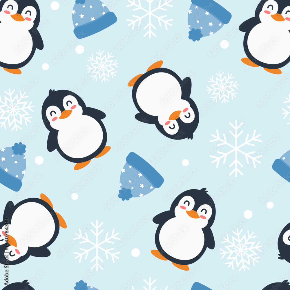 Fototapeta premium Penguin seamless pattern with snowflake and beanie hat. Can be used for wallpaper, paper wrapping, fashion fabric, greeting card, winter season theme
