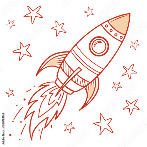 Doodle of a rocket ship launching with stars