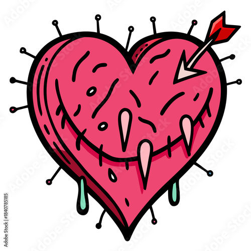 A stylized, pink, bleeding heart illustration pierced by an arrow and surrounded by pins, suggesting pain or heartbreak.