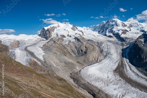 The beautiful view of the Grenzgletscher glacier in the Swiss alps