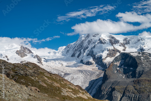 The beautiful view of the Grenzgletscher glacier in the Swiss alps