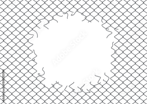 破れて穴の開いたメタリックな金網のフェンスのフレーム