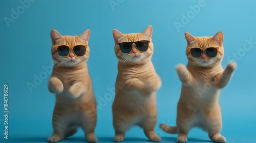 Three Ginger Cats Wearing Sunglasses Dancing Together in Studio Lighting Against a Blue Background