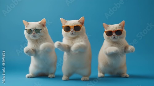 Three White Cats Wearing Sunglasses Dancing Together Against a Blue Background