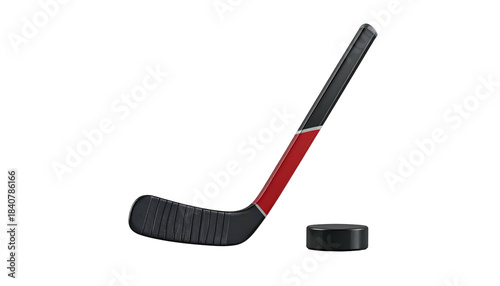 3D rendered hockey stick leaning with a puck on black
