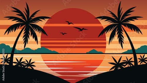 Tropical Beach Sunset Landscape Illustration
