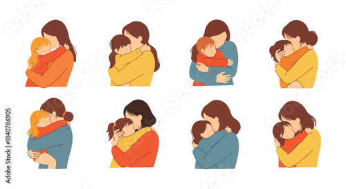 Mother and child hugs collection in simple style