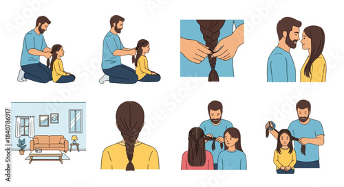 Father braiding daughter's hair, family bonding moment