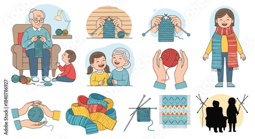 Knitting family activity with yarn and needles