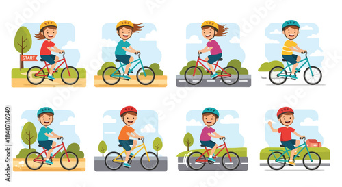 Children cycling outdoors in a park scene