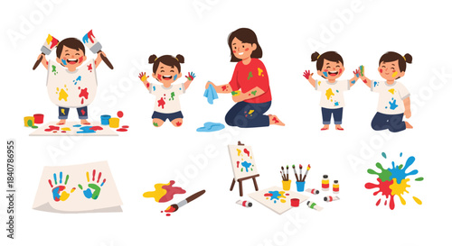 Kids painting with mother, colorful art activity