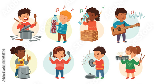 Children playing musical instruments with joyful expressions