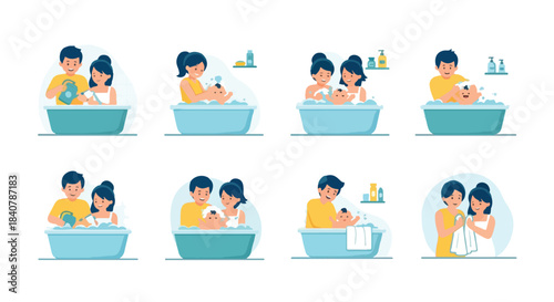 Parents bathing baby in tub, multiple scenes