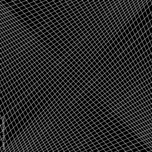 Diagonal striped illustration. Repeated white crossed lines on black background. Surface pattern design with linear ornament. Grid motif. Grill wallpaper. Digital paper for web designing. Vector art.