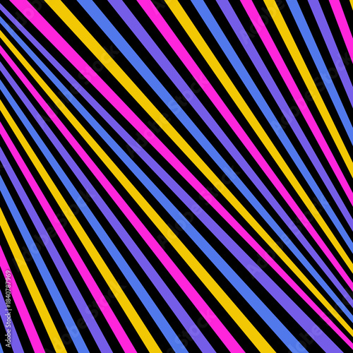 Diagonal striped pattern. Repeated color lines on violet background. Disco lights motif. Stripes abstract wallpaper. Digital paper for web design, scrapbook, gift wrapping. Vector art illustration