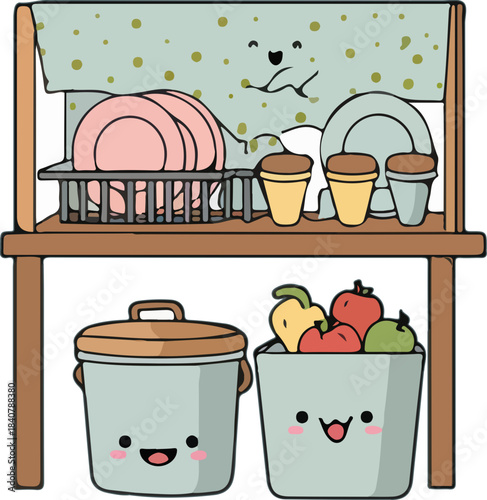 Basket of fresh vector food illustration with fruit and vegetable set