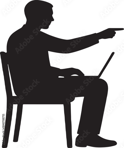 Silhouette of man sitting on chair pointing with laptop