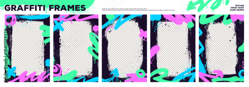Graffiti grunge photo frame collection with spray paint bright strokes, lines and squiggles. Graffiti borders with punk spray paint aerosol effect, drips and paint splatters. Grunge stencil frames.