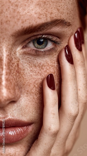 Inquadratura ravvicinata che taglia il volto a metà, catturando l'attenzione sull'occhio, le lentiggini e la mano.