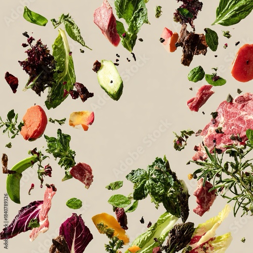 Immagine astratta di verdure, carne e erbe aromatiche, disposte in un cerchio su uno sfondo neutro, che suggerisce movimento e freschezza.