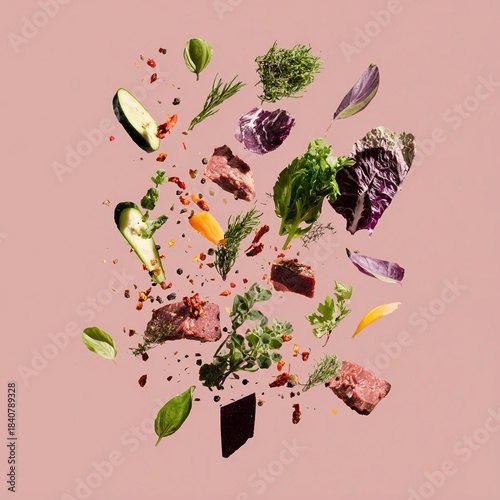 Composizione artistica di pezzi di carne e verdure,  sospesi in aria su uno sfondo rosa tenue.