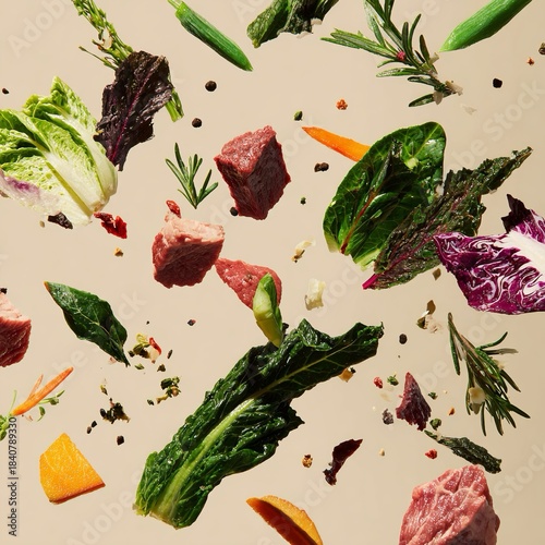 Pezzi di carne, insalata, carote, asparagi e rosmarino in una fotografia culinaria contemporanea