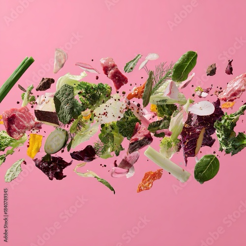 Presentazione dinamica culinaria di pezzi di carne e verdure, insalata, basilico, carote, asparagi e cetriolo