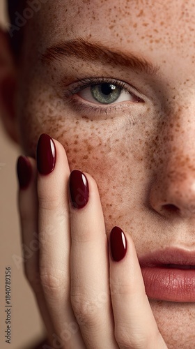 Donna con capelli rossi e una miriade di lentiggini che le coprono il viso ripreso a metà. Ha gli occhi verdi, intensi e penetranti