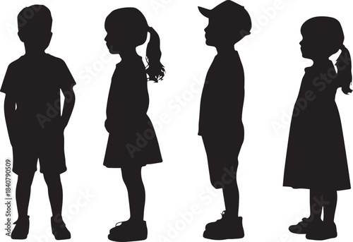 Silhouettes of four children standing in profile