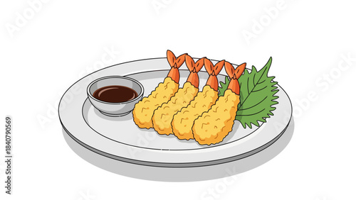 Four fried shrimp tempura on a white plate with dipping sauce and a green leaf