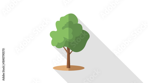 Flat illustration of a green tree with a brown trunk on a sandy base