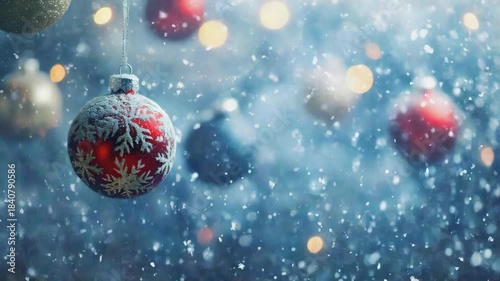 Soft focus holiday bauble with sparkling lights and falling snowflakes. Festive winter decoration.