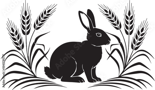 Black silhouette of a rabbit sitting among wheat stalks