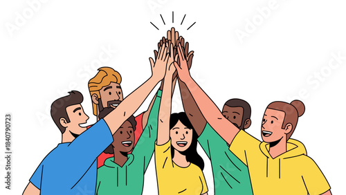 Group of diverse people highfiving arms raised in unison