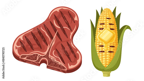 Grilled Tbone steak and corn on the cob with butter