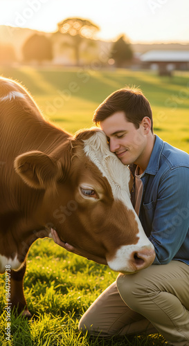 Young man gently hugs a brown and white cow in a grassy field at sunset, showcasing a bond between humans and animals with a golden hour glow.
