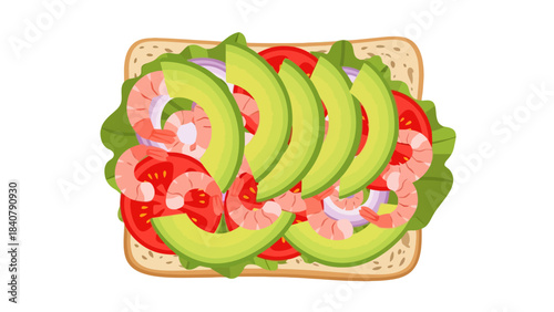 Openfaced shrimp and avocado sandwich on toast