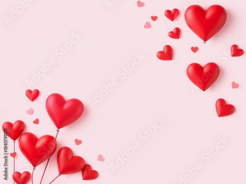 A festive arrangement of red heart shapes, symbolizing love and romance, floating against a soft pink backdrop for celebrations.