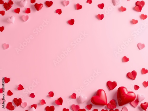 Romantic arrangement of red and pink hearts scattered on a soft pink background, symbolizing love and affection.