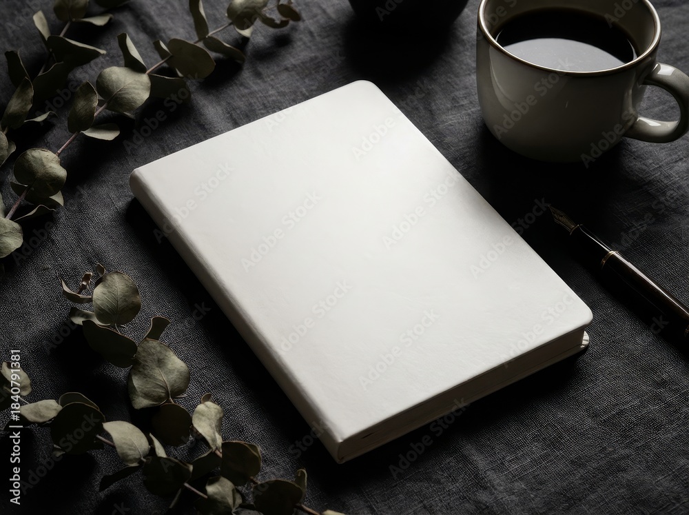 Fototapeta premium Blank white notebook with coffee and plant