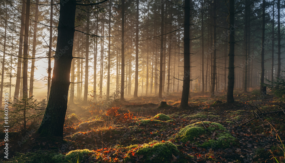 Fototapeta premium Sunlight filtering through the misty woods path in the green autumn forest landscape