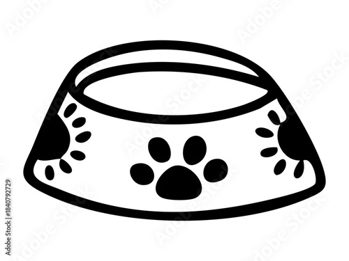 Pet food bowl with paw print outline. Hand drawn vector isolated illustration. 
