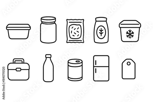 Food storage line icon set: kitchen, containers, preservation, freezer icons in line style