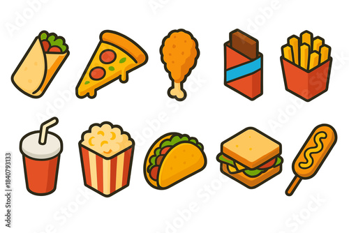 Fast food flat icon set. Snacks, meals, and drinks illustrations for cafes