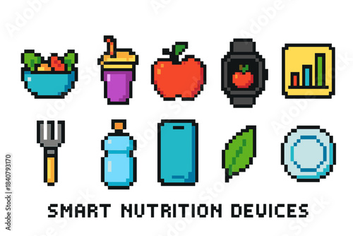 Smart nutrition devices icon set. Health, fitness pixel art icons collection