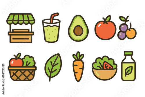 Healthy food icon set. Vegetable and drink icons in flat style collection