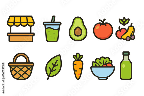 Food and drink flat icon set. Fresh ingredients, fruits, and vegetables icons
