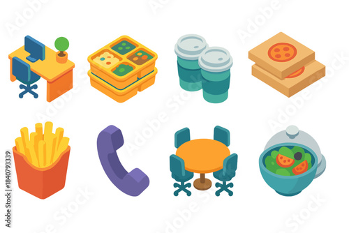 Office lunch 3d icon set. Snacks, drinks, pizza, and furniture 3d icons collection.