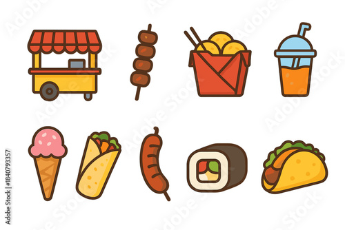 Street food cart, snack outline icon set. Easy-to-use, colorful food icons collection.