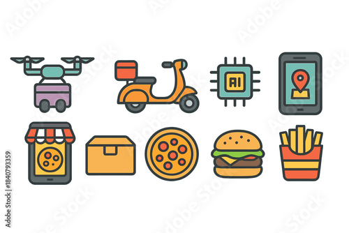 Delivery and food outline icon set. Fast food, technology, transport outline collection